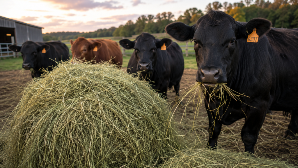 Black and brown cows eating fresh hay from a feeder in a New York pasture at sunset.