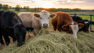 A group of black and brown cows eating the best hay on a farm in New York state during sunset.