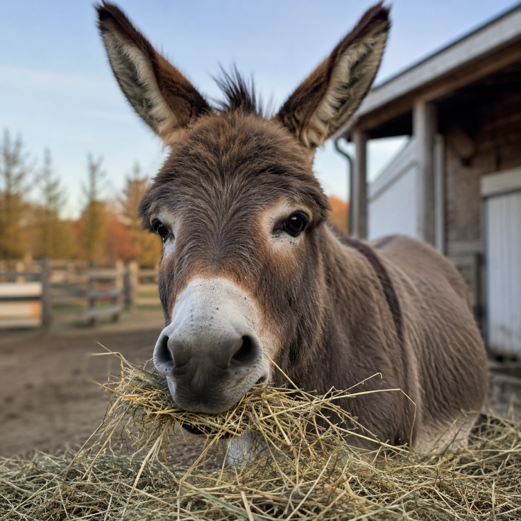 A friendly brown donkey eating dry hay at a farm in New York