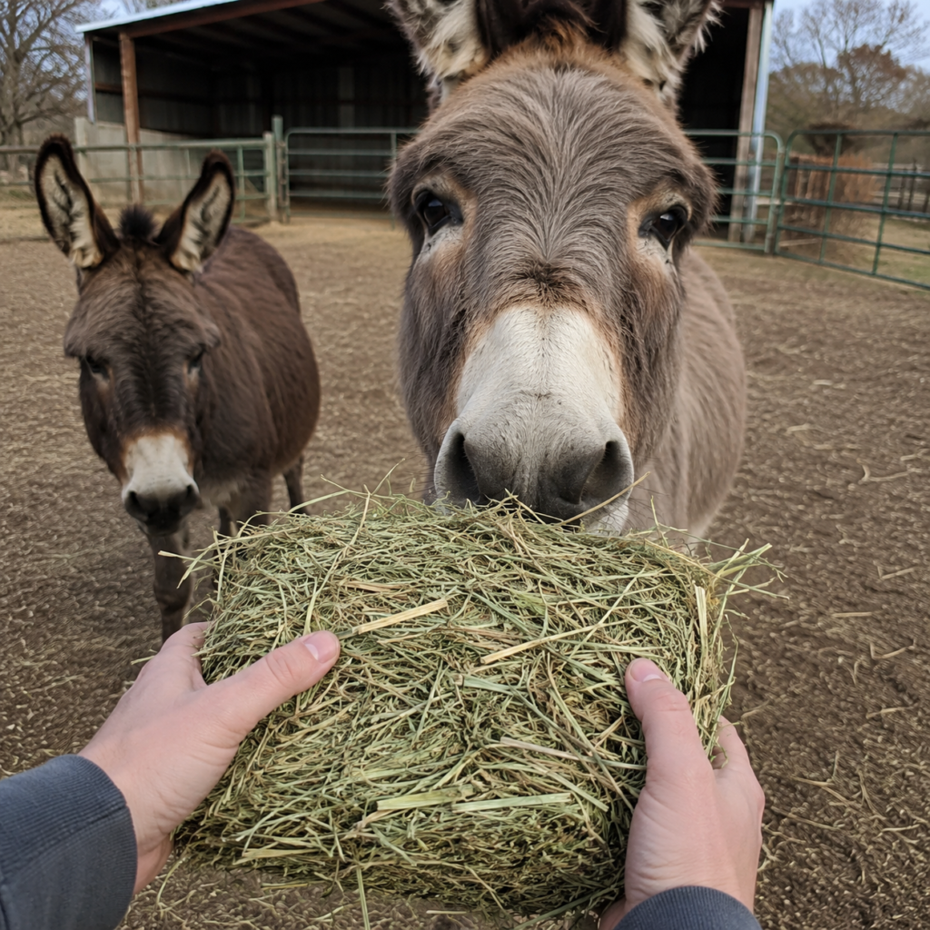 Close up of a donkey eating hay from a person's hands at a New York farm.