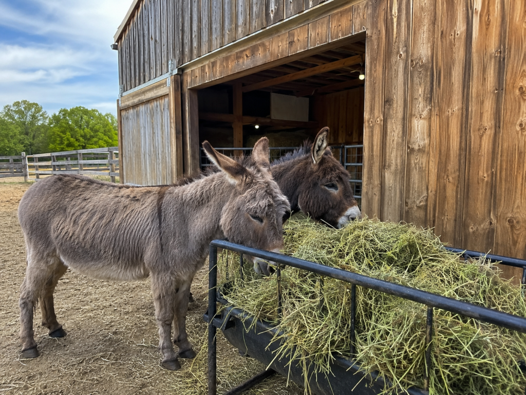 Two donkeys eating fresh hay from a metal feeder outside a wooden barn on a farm in New York.