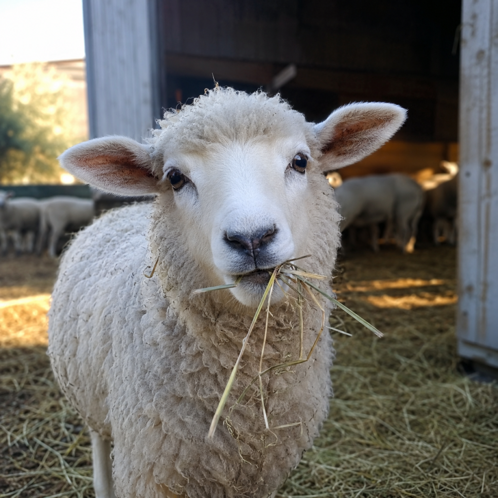 A close-up of a white sheep eating hay at a farm in New York.