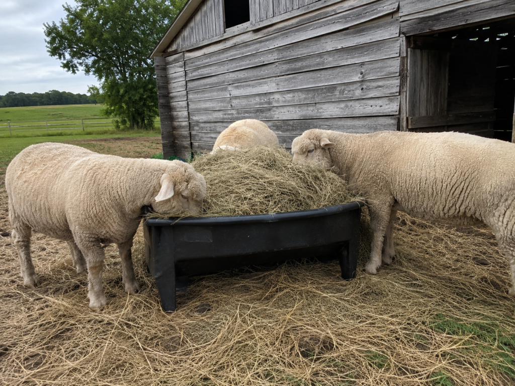 sheep eating hay new york farm
